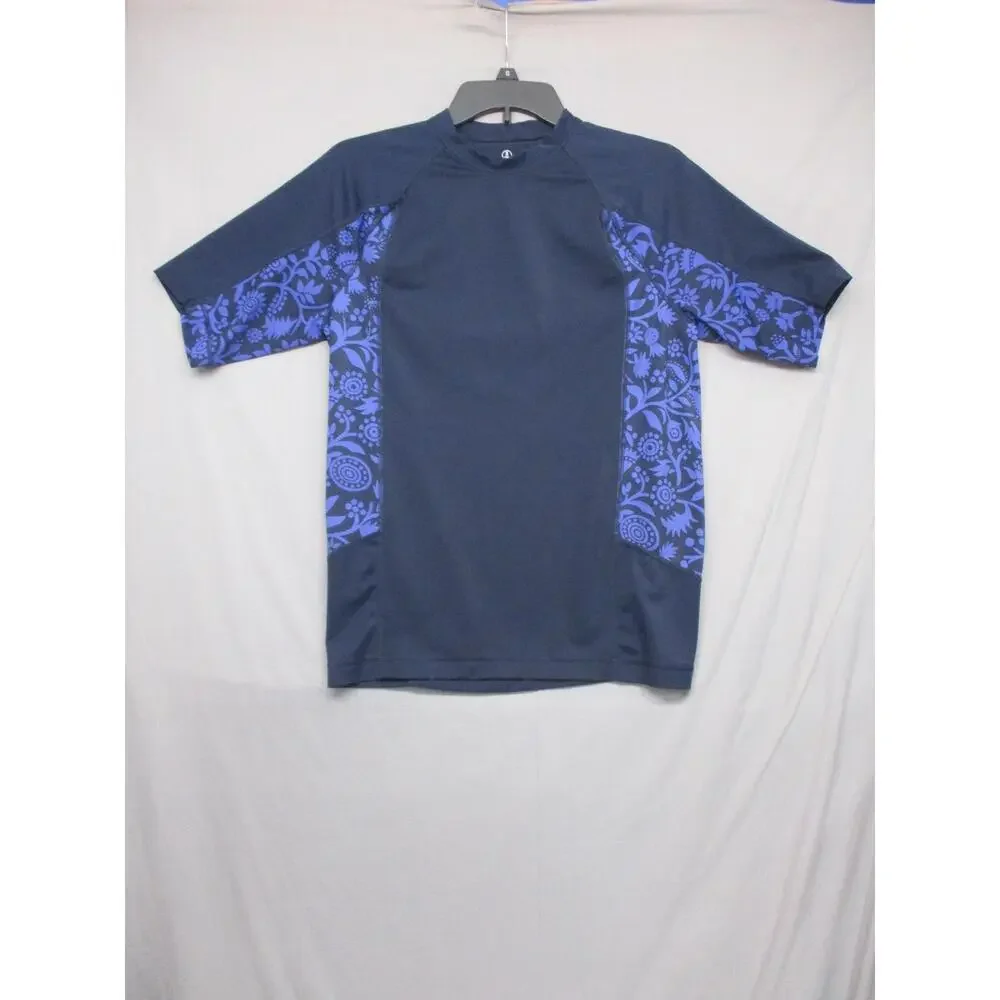 Lands' End Navy Floral Raglan Rash Guard Unisex Short Sleeve‎ Size Small
